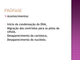 Acontecimentos: Início da condensação do DNA, Migração dos centríolos para os pólos da célula, Desaparecimento da carioteca, Desaparecimento do nucléolo. 
