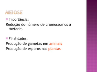 Importância: Redução do número de cromossomos a metade. Finalidades: Produção de gametas em  animais Produção de esporos nas  plantas 
