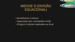 MEIOSE II (DIVISÃO
EQUACIONAL)
• Semelhante à mitose
• Separação das cromátides-irmãs
• Origina 4 células haploides ao final
 
