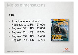 Meios	
  e	
  mensagens	
  
    Veja

    •  1 página indeterminada
       Nacional...........R$ 127.000
    •  Regional SP.....R$ 47.850
    •  Regional RJ.....R$ 18.670
    •  Regional MG....R$       9.480
    •  Regional PR.....R$      5.700


Copyright © Prof. Alexandre Rodriguez 2012
 