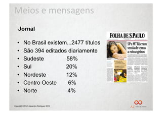Meios	
  e	
  mensagens	
  
    Jornal

   •      No Brasil existem...2477 títulos
   •      São 394 editados diariamente
   •      Sudeste          58%
   •      Sul              20%
   •      Nordeste         12%
   •      Centro Oeste      6%
   •      Norte             4%

Copyright © Prof. Alexandre Rodriguez 2012
 