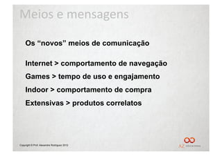 Meios	
  e	
  mensagens	
  

    Os “novos” meios de comunicação

    Internet > comportamento de navegação
    Games > tempo de uso e engajamento
    Indoor > comportamento de compra
    Extensivas > produtos correlatos




Copyright © Prof. Alexandre Rodriguez 2012
 