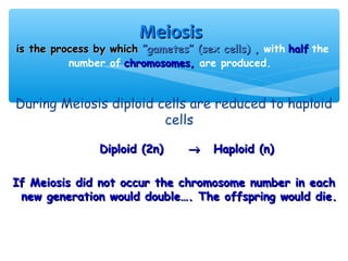 Meiosis
is the process by which ”gametes” (sex cells) , with half the
          number of chromosomes, are produced.


During Meiosis diploid cells are reduced to haploid
                        cells

                Diploid (2n)     →    Haploid (n)

If Meiosis did not occur the chromosome number in each
 new generation would double…. The offspring would die.
 