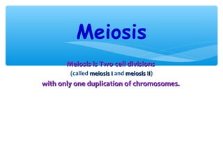 Meiosis
       Meiosis is Two cell divisions
        (called meiosis I and meiosis II)
                                      II
with only one duplication of chromosomes.
 
