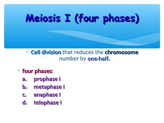 Meiosis I (four phases)


  ∗ Cell division that reduces the chromosome
                number by one-half.

∗ four phases:
       phases
  a. prophase I
  b. metaphase I
  c. anaphase I
  d. telophase I
 