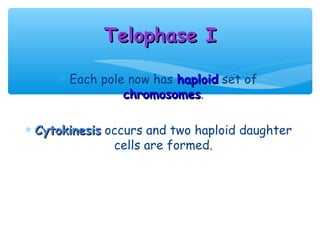 Telophase I

     ∗ Each pole now has haploid set of
                chromosomes.
                chromosomes

∗ Cytokinesis occurs and two haploid daughter
               cells are formed.
 