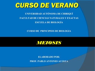 UNIVERSIDAD AUTÓNOMA DE CHIRIQUÍ
FACULTAD DE CIENCIAS NATURALES Y EXACTAS
ESCUELA DE BIOLOGÍA
CURSO DE PRINCIPIOS DE BIOLOGIA
MEIOSIS
ELABORADO POR:
PROF. PABLO ANTONIO ACOSTA
CURSO DE VERANOCURSO DE VERANO
 