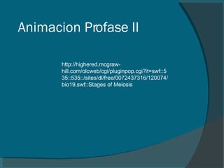 Animacion Profase II http://highered.mcgraw-hill.com/olcweb/cgi/pluginpop.cgi?it=swf::535::535::/sites/dl/free/0072437316/120074/bio19.swf::Stages of Meiosis 