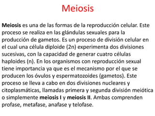 Meiosis
Meiosis es una de las formas de la reproducción celular. Este
proceso se realiza en las glándulas sexuales para la
producción de gametos. Es un proceso de división celular en
el cual una célula diploide (2n) experimenta dos divisiones
sucesivas, con la capacidad de generar cuatro células
haploides (n). En los organismos con reproducción sexual
tiene importancia ya que es el mecanismo por el que se
producen los óvulos y espermatozoides (gametos). Este
proceso se lleva a cabo en dos divisiones nucleares y
citoplasmáticas, llamadas primera y segunda división meiótica
o simplemente meiosis I y meiosis II. Ambas comprenden
profase, metafase, anafase y telofase.
 