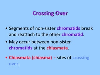 Crossing Over Segments of non-sister  chromatids  break and reattach to the other  chromatid . May occur between non-sister  chromatids  at the  chiasmata . Chiasmata (chiasma)  -  sites of  crossing over . 