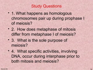 Meiosis KM 38
Study Questions
• 1. What happens as homologous
chromosomes pair up during prophase I
of meiosis?
• 2. How does metaphase of mitosis
differ from metaphase I of meiosis?
• 3. What is the sole purpose of
meiosis?
• 4. What specific activities, involving
DNA, occur during interphase prior to
both mitosis and meiosis?
 