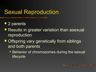 Sexual Reproduction
 2 parents
 Results in greater variation than asexual
reproduction
 Offspring vary genetically from siblings
and both parents
 Behavior of chromosomes during the sexual
lifecycle
 
