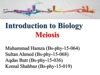 Introduction to Biology
Meiosis
Muhammad Hamza (Bs-phy-15-064)
Sultan Ahmed (Bs-phy-15-068)
Aqdas Butt (Bs-phy-15-036)
Komal Shahbaz (Bs-phy-15-019)
 