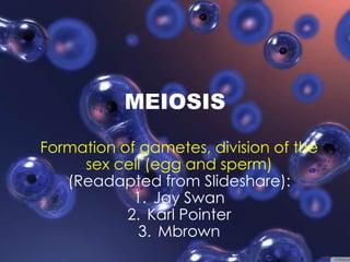 MEIOSIS
Formation of gametes, division of the
sex cell (egg and sperm)
(Readapted from Slideshare):
1. Jay Swan
2. Karl Pointer
3. Mbrown

 