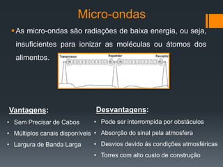 Micro-ondas
As micro-ondas são radiações de baixa energia, ou seja,
insuficientes para ionizar as moléculas ou átomos dos
alimentos.
Vantagens:
• Sem Precisar de Cabos
• Múltiplos canais disponíveis
• Largura de Banda Larga
Desvantagens:
• Pode ser interrompida por obstáculos
• Absorção do sinal pela atmosfera
• Desvios devido ás condições atmosféricas
• Torres com alto custo de construção
 