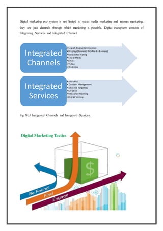Digital marketing eco system is not limited to social media marketing and internet marketing,
they are just channels through which marketing is possible. Digital ecosystem consists of
Integrating Services and Integrated Channel.
Fig No.1:Integrated Channels and Integrated Services.
•Search Engine Optimization
•Displays(Banners/ RichMedia Banners)
•Mobile Marketing
•Social Media
•Email
•Video
•Websites
Integrated
Channels
•Analytics
• Content Management
•Advance Targeting
•Creative
•Research+Planning
•Digital Strategy
Integrated
Services
 