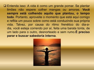  Entenda isso: A vida é como um grande pomar. Se plantar
  limões não espere colher mangas ou amoras. Você
  sempre está colhendo aquilo que plantou, o tempo
  todo. Portanto, aproveite o momento que está aqui comigo
  e reflita um pouco sobre como está conduzindo sua própria
  vida. Talvez, por causa do ritmo frenético do dia-a-
  dia, você esteja correndo por aí, feita uma barata tonta, de
  um lado para o outro, desnorteado e sem rumo.É preciso
  parar e buscar sabedoria interna.
 