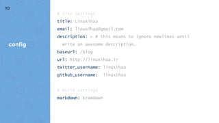 # Site settings
title: Linuxihaa
email: linuxihaa@gmail.com
description: > # this means to ignore newlines until
Write an awesome description…
baseurl: /blog
url: http://linuxihaa.ir
twitter_username: linuxihaa
github_username: linuxihaa
# Build settings
markdown: kramdown
config
10
 