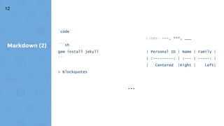 `code`
```sh
gem install jekyll
```
> Blockquotes
Markdown (2)
12
Lines: ---, ***, ___
| Personal ID | Name | Family |
| :---------: | :--- | -----: |
| Centered |Right | Left|
…
 