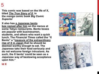 5 
This comic was based on the life of X, 
titled The True Story of X, in 
the manga comic book Big Comic 
Superior 
X also has a Japanese bento 
box named after him on the menus at 
some Tokyo restaurants. Bento boxes 
are popular with businessmen, 
students, and others who want a quick 
lunch. The Financial Times called the “X 
Bento" a "measure of the extraordinary 
rise of X in Japan that he should be 
deemed worthy enough to eat. The 
Japanese take their food seriously and 
do not welcome foreign intrusions. As 
such, the X bento' could be seen as a 
Japanese way of bestowing acceptance 
upon him.“ 
Id X 
 