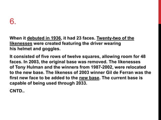 6. 
When it debuted in 1936, it had 23 faces. Twenty-two of the 
likenesses were created featuring the driver wearing 
his helmet and goggles. 
It consisted of five rows of twelve squares, allowing room for 48 
faces. In 2003, the original base was removed. The likenesses 
of Tony Hulman and the winners from 1987-2002, were relocated 
to the new base. The likeness of 2003 winner Gil de Ferran was the 
first new face to be added to the new base. The current base is 
capable of being used through 2033. 
CNTD.. 
 
