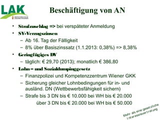 Beschäftigung von AN
• Strafzuschlag => bei verspäteter Anmeldung
• SV-Verzugszinsen
   – Ab 16. Tag der Fälligkeit
   – 8% über Basiszinssatz (1.1.2013: 0,38%) => 8,38%
• Geringfügiges DV
   – täglich: € 29,70 (2013); monatlich € 386,80
• Lohn – und Sozialdumpinggesetz
   – Finanzpolizei und Kompetenzzentrum Wiener GKK
   – Sicherung gleicher Lohnbedingungen für in- und
     ausländ. DN (Wettbewerbsfähigkeit sichern)
   – Strafe bis 3 DN bis € 10.000 bei WH bis € 20.000
           über 3 DN bis € 20.000 bei WH bis € 50.000
                                                                          i ch e
                                                                ges et z l g
                                                                            n
                                                       ls ei ne er t r et u
                                                    r a       sv
                                               M eh er essn
                                                  I nt
 
