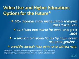 50%  מתעבורת המידע ברשת תהיה מבוססת וידאו בשנת  2012.  12.7  ביליון סרטי וידאו על הרשת נצפו בנוב ' 2008. הוידאו יועבר על גבי כל המכשירים הנגישים –פלאפון ,  אייפון וכד '   . קושי בשילוב סרטי וידאו ככלי להוראה וללמידה . Intelligent Television with the cooperation of New   York University. http://library.nyu.edu/about/Video_Use_in_Higher_Education.pdf 