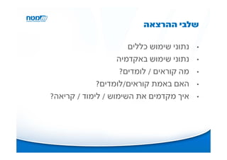 ‫שלבי ההרצאה‬

                      ‫נתוני שימוש כללים‬   ‫•‬

                   ‫נתוני שימוש באקדמיה‬    ‫•‬

                    ‫מה קוראים / לומדים?‬   ‫•‬

             ‫האם באמת קוראים/לומדים?‬      ‫•‬

‫איך מקדמים את השימוש / לימוד / קריאה?‬     ‫•‬
 