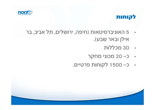 ‫לקוחות‬

‫5 האוניברסיטאות )חיפה, ירושלים, תל אביב, בר‬    ‫•‬
                             ‫אילן ובאר שבע(.‬
                                 ‫03 מכללות‬     ‫•‬

                          ‫כ- 02 מכוני מחקר‬     ‫•‬

                    ‫כ- 0051 לקוחות פרטיים.‬     ‫•‬
 