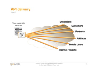 API delivery
How?



                                                          Developers
 Your content &
    services                                                           Customers

                                                                          Partners
         Your
         API
                                                                             Affiliates

                                                                  Mobile Users

                                                         Internal Projects




                  The Plug & Play Cloud API Management Platform                       15
                        for Startups, SMBs and Enterprises
 