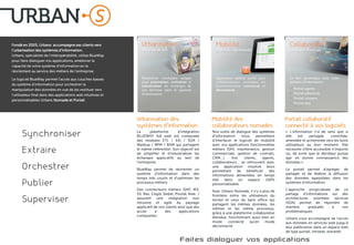 Fondé en 2005, Urbans accompagne ses clients vers
l’urbanisation des systèmes d’information.
Urbans, spécialiste de l’intéropérabilité, utilise BlueWay
pour faire dialoguer vos applications, améliorer la
capacité de votre système d’information en le
réorientant au service des métiers de l’entreprise.

Le logiciel BlueWay permet l’accès aux couches basses
du système d’information pour orchestrer la
manipulation des données en vue de les restituer vers
l’utilisateur final dans des applications web intuitives et
personnalisables Urbans Nomade et Portail.




                                                              La      plateforme     d’intégration      Nos outils de dialogue des systèmes     « L'information n’a de sens que si
                                                              BLUEWAY full web est composée             d’information     nous     permettent   elle    est   partagée,    contrôlée,
                                                              des modules ETL / EAI / SOA /             d’interfacer le logiciel de mobilité    amendée et acheminée vers les bons
                                                              Mashup / BPM / BAM qui partagent          avec vos applications fonctionnelles    utilisateurs au bon moment. Elle
                                                              le même référentiel. Son objectif est     métiers (SAV, maintenance, gestion      nécessite d’être accessible n’importe
                                                              de simplifier et d’industrialiser les     commerciale, gestion de contrats,       où, de sorte que le décideur puisse
                                                              échanges applicatifs au sein de           CRM...).    Vos    clients,   agents,   agir en bonne connaissance des
                                                              l’entreprise.                             collaborateurs… se retrouvent avec      données.»
                                                                                                        une application intuitive leurs
                                                              BlueWay permet de réorienter un           permettant     de   bénéficier    des   Le portail permet d’agréger, de
                                                              système d’information dans des            informations alimentées en temps        partager et de fédérer la diffusion
                                                              temps très courts et d’optimiser les      réel    dans    un    espace    100%    des données éparpillées dans les
                                                              processus métiers.                        personnalisable.                        systèmes d’information.
                                                              Des connecteurs métiers (SAP, M3,         Avec Urbans Nomade, il n'y a plus de    L’approche progicialisée de ce
                                                              X3, Nav, Cegid, Siebel, Pivotal, Klee…)   frontière entre les utilisateurs du     partage d’informations sur des
                                                              assurent une intégration            non   terrain et ceux du back office qui      architectures orientées services
                                                              intrusive et agile du paysage             partagent les mêmes données, les        (SOA) permet de répondre de
                                                              applicatif de nos clients ainsi que des   mêmes et les même processus,            manière      graduelle  à    vos
                                                              accès       à    des       applications   grâce à une plateforme collaborative    problématiques.
                                                              composites.                               étendue, fonctionnant aussi bien en     Urbans vous accompagne de l’accès
                                                                                                        mode     connecté    qu’en    mode      aux données en services web jusqu’à
                                                                                                        déconnecté.                             leur publication dans un espace web
                                                                                                                                                de type portail, intranet, extranet.

                                                                                        Faites dialoguer vos applications
 