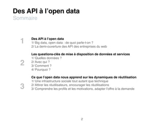 Des API à l’open data
Sommaire


      Des API à l’open data
  1   1/ Big data, open data : de quoi parle-t-on ?
      2/ La demi-ouverture des API des entreprises du web

      Les questions-clés de mise à disposition de données et services
      1/ Quelles données ?
  2   2/ Avec qui ?
      3/ Comment ?
      4/ Pourquoi ?

      Ce que l’open data nous apprend sur les dynamiques de réutilisation
      1/ Une infrastructure sociale tout autant que technique

  3   2/ Attirer les réutilisateurs, encourager les réutilisations
      3/ Comprendre les proﬁls et les motivations, adapter l’offre à la demande




                                        2
 