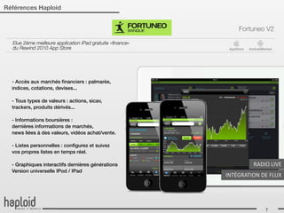 Références Haploid


                                                                 Fortuneo V2

  Elue 2ème meilleure application iPad gratuite «ﬁnance»
  du Rewind 2010 App Store                                  AppStore   AndroidMarket




  - Accès aux marchés ﬁnanciers : palmarès,
  indices, cotations, devises...

  - Tous types de valeurs : actions, sicav,
  trackers, produits dérivés...

  - Informations boursières :
  dernières informations de marchés,
  news liées à des valeurs, vidéos achat/vente.

  - Listes personnelles : conﬁgurez et suivez
  vos propres listes en temps réel.

  - Graphiques interactifs dernières générations                         RADIO	
  LIVE
  Version universelle IPod / IPad
                                                           INTÉGRATION	
  DE	
  FLUX




                                                                                7
 