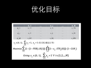 技术总结
• 策略上
• 基于Spark的⼤大数据处理和分布式模型训练⾃自动化流程
• STR预估：⼗十亿级别样本，Logistic Regression + L-BFGS
• 在线学习，深度学习
• 优化求解： O(m*n)
• 架构上
• 分布式分单引擎：⼗十万订单⼗十万司机的1s匹配
• 分单全流程的track和监控
 