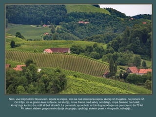 Nam, vse bolj čudnim Slovencem, lepota te krajine, ki ni na naši strani pravzaprav skoraj nič drugačna, ne pomeni nič.
Oni tržijo, mi se gremo leve in desne, oni služijo, mi se žremo med seboj, oni delajo, mi pa čakamo na čudež,
ki naj bi ga končno že rodili ali beli ali rdeči. Le pametnih, sposobnih in dobrih gospodarjev ne premoremo že 70 let.
Pri takem slabem gospodarstvu ljudje obupujejo, opuščajo stoletni posel v vinogradih, odhajajo…
 