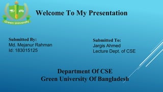 Submitted By:
Md. Mejanur Rahman
Id: 183015125
Department Of CSE
Green University Of Bangladesh
Submitted To:
Jargis Ahmed
Lecture Dept. of CSE
Welcome To My Presentation
 