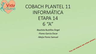 COBACH PLANTEL 11
INFORMÁTICA
ETAPA 14
6 “A”
-Bautista Bustillos Ángel
-Flores García Oscar
-Mejía Flores Samuel
 