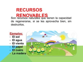 Son recursos naturales que tienen la capacidad
de regenerarse, si se les aprovecha bien, sin
destruirlos.
RECURSOS
RENOVABLES
Ejemplos:
- El sol
- El agua
- El viento
- El papel
- El cuero
- La madera
 