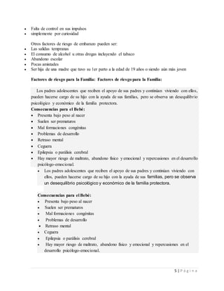 5 | P á g i n a
 Falta de control en sus impulsos
 simplemente por curiosidad
Otros factores de riesgo de embarazo pueden ser:
 Las salidas tempranas
 El consumo de alcohol u otras drogas incluyendo el tabaco
 Abandono escolar
 Pocas amistades
 Ser hija de una madre que tuvo su 1er parto a la edad de 19 años o siendo aún más joven
Factores de riesgo para la Familia: Factores de riesgo para la Familia:
Los padres adolescentes que reciben el apoyo de sus padres y continúan viviendo con ellos,
pueden hacerse cargo de su hijo con la ayuda de sus familias, pero se observa un desequilibrio
psicológico y económico de la familia protectora.
Consecuencias para el Bebé:
 Presenta bajo peso al nacer
 Suelen ser prematuros
 Mal formaciones congénitas
 Problemas de desarrollo
 Retraso mental
 Ceguera
 Epilepsia o parálisis cerebral
 Hay mayor riesgo de maltrato, abandono físico y emocional y repercusiones en el desarrollo
psicólogo-emocional.
 Los padres adolescentes que reciben el apoyo de sus padres y continúan viviendo con
ellos, pueden hacerse cargo de su hijo con la ayuda de sus familias, pero se observa
un desequilibrio psicológico y económico de la familia protectora.
Consecuencias para el Bebé:
 Presenta bajo peso al nacer
 Suelen ser prematuros
 Mal formaciones congénitas
 Problemas de desarrollo
 Retraso mental
 Ceguera
 Epilepsia o parálisis cerebral
 Hay mayor riesgo de maltrato, abandono físico y emocional y repercusiones en el
desarrollo psicólogo-emocional.
 