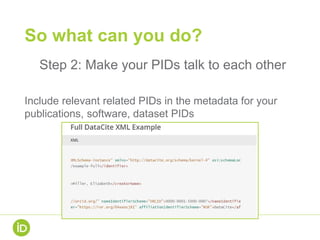 So what can you do?
Step 2: Make your PIDs talk to each other
Include relevant related PIDs in the metadata for your
publications, software, dataset PIDs
 