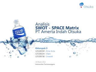 Analisis
SWOT - SPACE Matrix
PT Amerta Indah Otsuka




19 Maret 2013
 