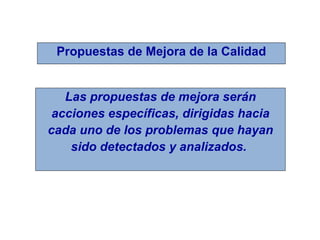 Propuestas de Mejora de la Calidad Las propuestas de mejora serán acciones específicas, dirigidas hacia cada uno de los problemas que hayan sido detectados y analizados.  