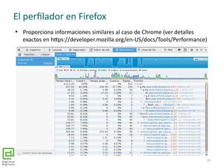 El perfilador en Firefox

Proporciona informaciones similares al caso de Chrome (ver detalles
exactos en https://develope...