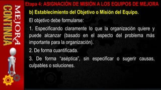 b) Establecimiento del Objetivo o Misión del Equipo.
El objetivo debe formularse:
1. Especificando claramente lo que la organización quiere y
puede alcanzar (basado en el aspecto del problema más
importante para la organización).
2. De forma cuantificada.
3. De forma “aséptica”, sin especificar o sugerir causas,
culpables o soluciones.
Etapa 4: ASIGNACIÓN DE MISIÓN A LOS EQUIPOS DE MEJORA
 