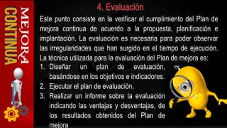 Este punto consiste en la verificar el cumplimiento del Plan de
mejora continua de acuerdo a la propuesta, planificación e
implantación. La evaluación es necesaria para poder observar
las irregularidades que han surgido en el tiempo de ejecución.
La técnica utilizada para la evaluación del Plan de mejora es:
1. Diseñar un plan de evaluación,
basándose en los objetivos e indicadores.
2. Ejecutar el plan de evaluación.
3. Realizar un informe sobre la evaluación
indicando las ventajas y desventajas, de
los resultados obtenidos del Plan de
mejora
 