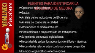 Opiniones de los clientes
Gastos
Análisis de los Indicadores de Eficiencia.
Análisis de control de la calidad.
Afectaciones al medio ambiente.
Planteamiento o propuestas de los trabajadores.
Surgimiento de nuevas legislaciones.
Necesidad de aplicar los adelantos científicos – técnicos.
Necesidades relacionadas con los procesos de gestión
Cambios organizativos o tecnológicos.
 