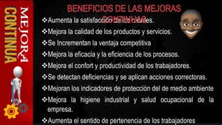 Aumenta la satisfacción de los clientes.
Mejora la calidad de los productos y servicios.
Se Incrementan la ventaja competitiva
Mejora la eficacia y la eficiencia de los procesos.
Mejora el confort y productividad de los trabajadores.
Se detectan deficiencias y se aplican acciones correctoras.
Mejoran los indicadores de protección del de medio ambiente
Mejora la higiene industrial y salud ocupacional de la
empresa.
Aumenta el sentido de pertenencia de los trabajadores
 