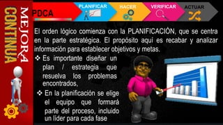 El orden lógico comienza con la PLANIFICACIÓN, que se centra
en la parte estratégica. El propósito aquí es recabar y analizar
información para establecer objetivos y metas.
 Es importante diseñar un
plan / estrategia que
resuelva los problemas
encontrados,
 En la planificación se elige
el equipo que formará
parte del proceso, incluido
un líder para cada fase
PDCA
PLANIFICAR HACER VERIFICAR ACTUAR
 