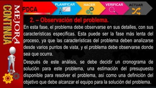 En esta fase, el problema debe observarse en sus detalles, con sus
características específicas. Esta puede ser la fase más lenta del
proceso, ya que las características del problema deben analizarse
desde varios puntos de vista, y el problema debe observarse donde
sea que ocurra.
Después de este análisis, se debe decidir un cronograma de
solución para este problema, una estimación del presupuesto
disponible para resolver el problema, así como una definición del
objetivo que debe alcanzar el equipo para la solución del problema.
PDCA
PLANIFICAR HACER VERIFICAR ACTUAR
 