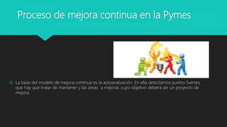 Proceso de mejora continua en la Pymes
 La base del modelo de mejora continua es la autoevaluación. En ella detectamos puntos fuertes,
que hay que tratar de mantener y las áreas a mejorar, cuyo objetivo deberá ser un proyecto de
mejora.
 